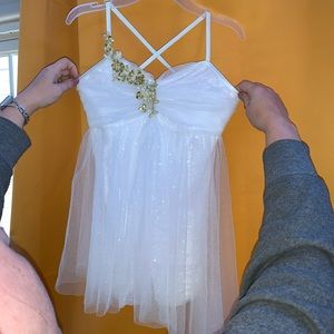 white lyrical dance costume with gold appliqué